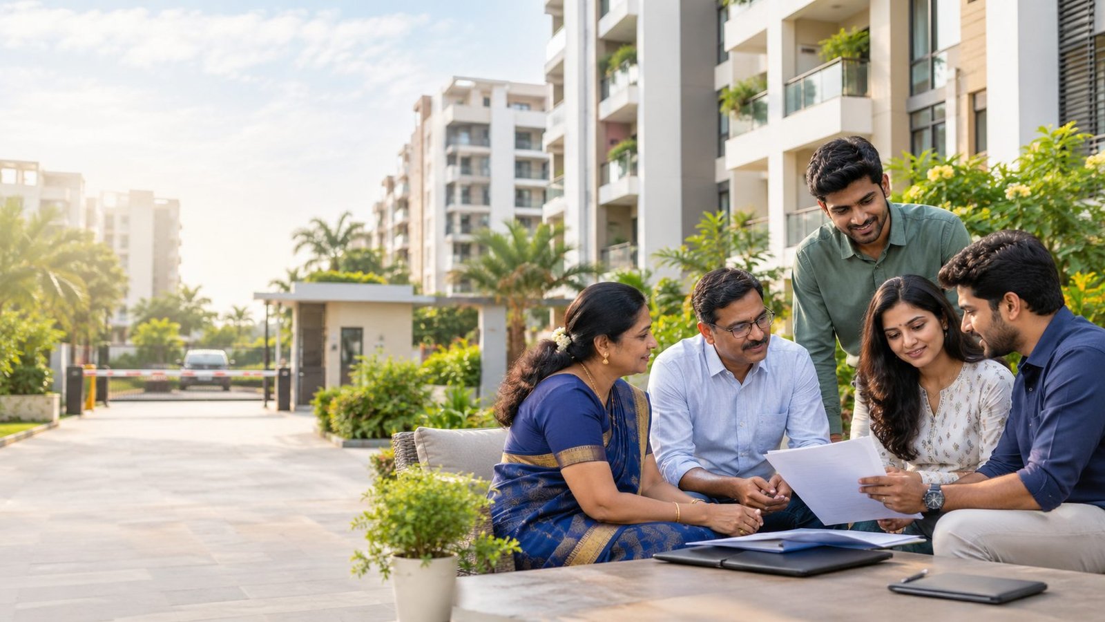 Apartment owners association members in Tamil Nadu reviewing registration documents in their gated community