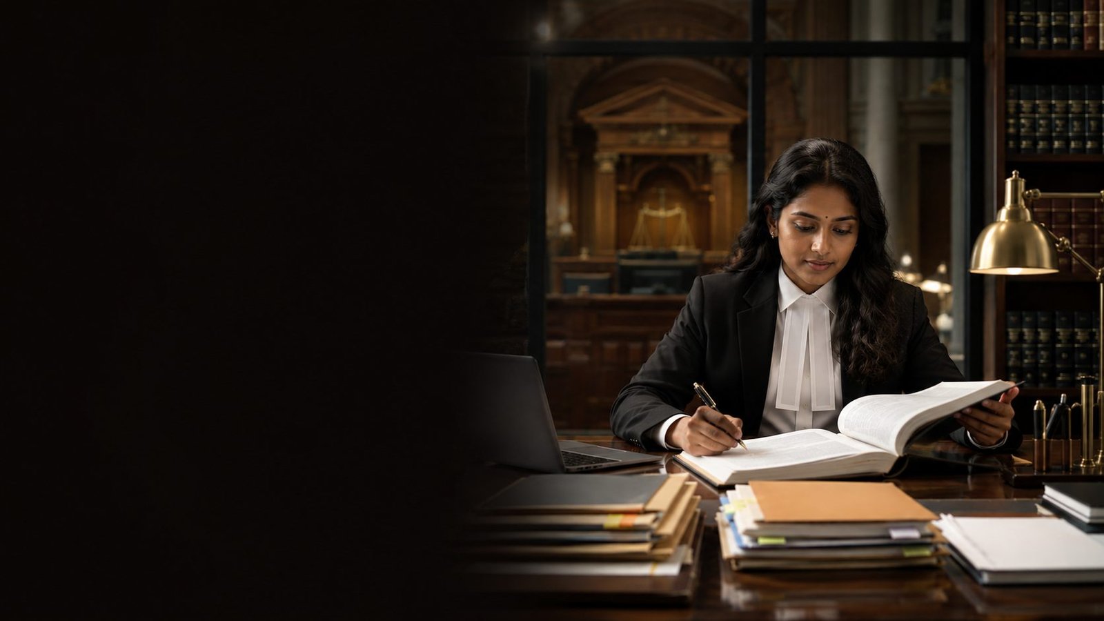 Senior POSH advocate reviewing case law and Internal Committee inquiry file at Regalwhiz Law Chambers, Chennai